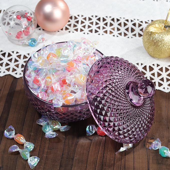 Joeyan 12 oz Small Dark Purple Glass Jars with Lid,Embossed Candy Dishes,Diamond Faceted Food Container,Decorative Jewelry Box Apothecary Canisters,Colored Kitchen Bathroom Buffet Storage Organizer