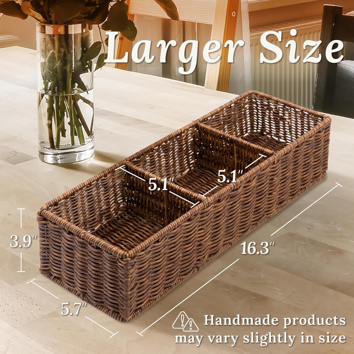 Wicker Basket with 3 Compartments, Toilet Storage, Bathroom Organizer Countertop, Resin Wicker 1pc, Toffee