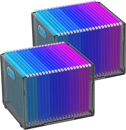Hanging File Organizer, File Box Organizer with Handle, Metal Mesh Hanging File Folder Box, Letter Size Filing Crate Bin Holder for Home Office Desk(2 Pack)