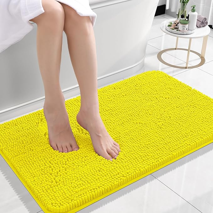 OLANLY Bathroom Rugs 24x16, Extra Soft Absorbent Chenille Bath Rugs, Rubber Backing Quick Dry, Machine Washable Bath Mats for Bathroom Floor, Tub and Shower, Home Decor Accessories, Lemon Yellow