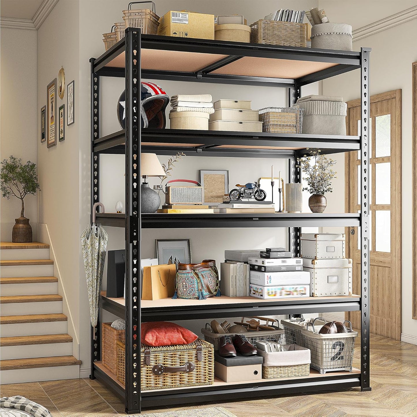 REIBII 2020LBS Storage Shelves 5 Tier Garage Shelving Heavy Duty, Adjustable Metal Shelving, Garage Shelves for Basement, Warehouse, Pantry, Closet, Kitchen 72" H x 35.55" W x 16" D, Black, 2 Pack