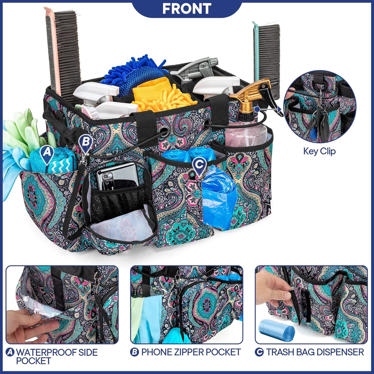 LoDrid Large Professional Cleaning Caddy with Detachable Divider, Supply Organizer with Handle and Shoulder Strap, Cleaning Bags for Housekeepers & Cleaners, Totem