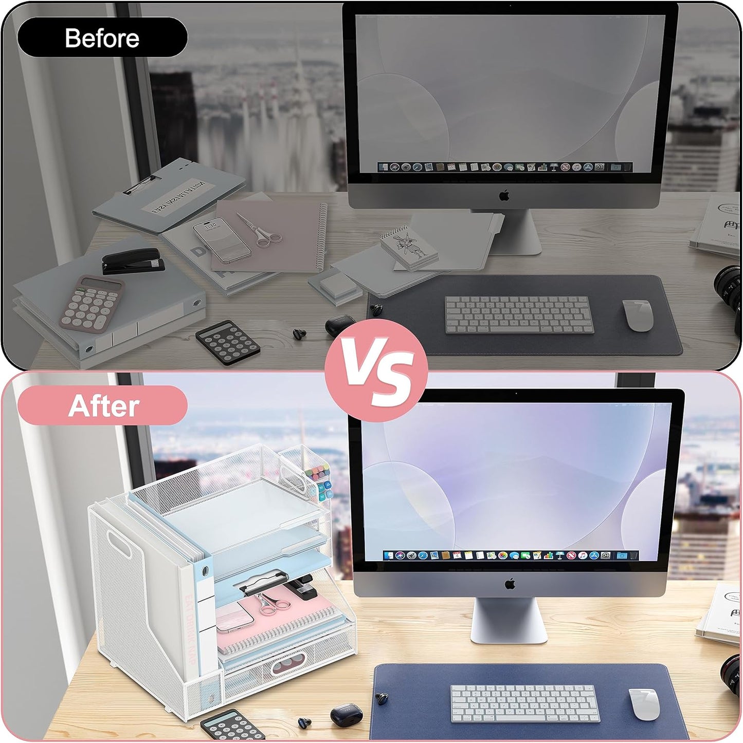 SUPEASY Desk Organizer with File Holder, 5-Tier Mesh Paper Letter Tray and 3 Tilted File Sorter for Office Supplies, White