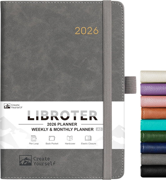 2026 Planner - Planner 2026, 2026 Weekly Monthly Planner, Jan.2026 - Dec.2026, 5.7'' x 8.4'', Thick Paper, Leather Cover, Pen Holder, Back Pocket, Bookmarks, Perfect Daily Organizer - Brown - Grey