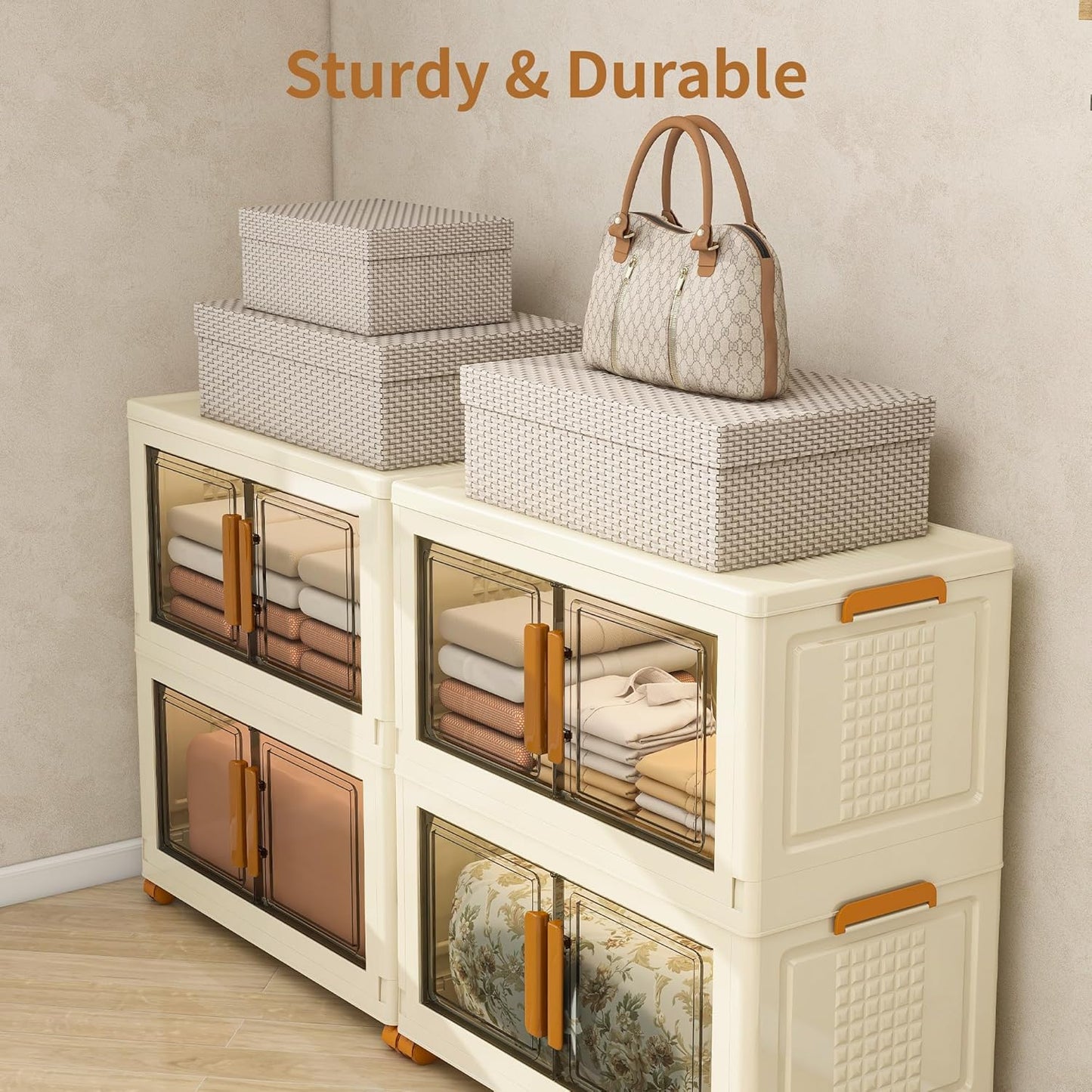 Plastic Stackable Storage Bins with Lids and Wheels, Foldable Closet Organizers and Storage Containers, Collapsible Clear Drawer Storage Cabinet with Doors White 76Gal