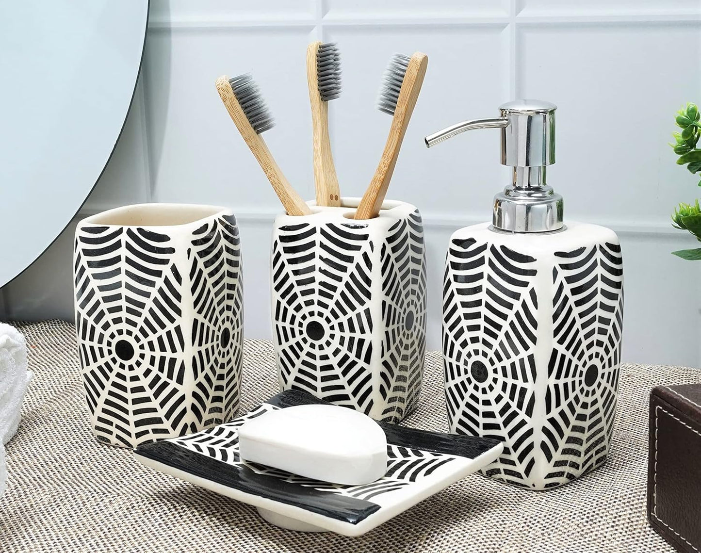 Handmade Ceramic Bathroom Accessories Set 4pcs India Pottery Vanity Complete Hand Paint, Countertop Accessory Set for Home Decor with Soap & Lotion Dispenser, Tumbler, Toothbrush Holder, Soap Dish