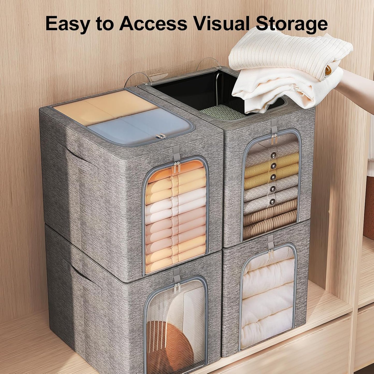 GoMaihe Clothes Storage Bins Metal Frame: 55L Extra Large Stackable Closet Storage Bin with Lid & Clear Window, Heavy Duty Blanket Box for Winter Coats Comforters (Fits Deep Closet 6-Pack)