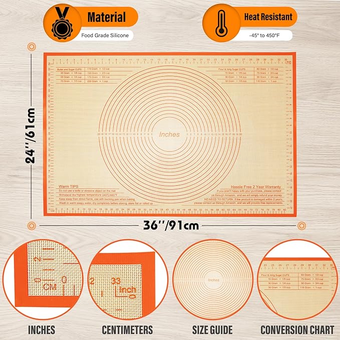Pastry Mat 36x24 Inch Silicone Baking Mats Perfect for Dough, Pastry, Pie Crust, Fondant, Bread, Cookies, Pasta, Pizza, Kitchen Counter Mat