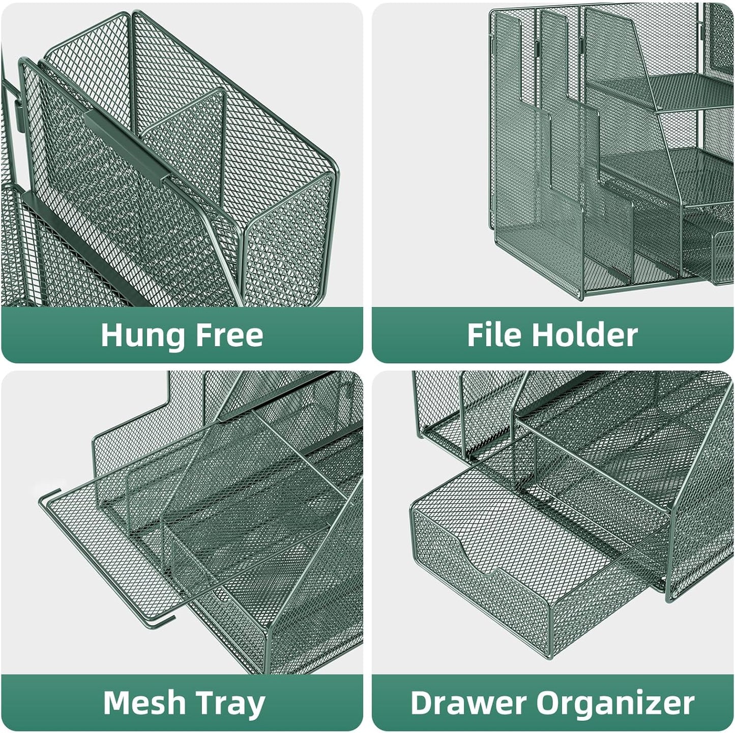 Marbrasse Desk Organizer and Accessories, 3-Tier File Organizer with Drawer and Pen Holder, Small Desktop Organizer and Storage for Workspace Office Supplies Green