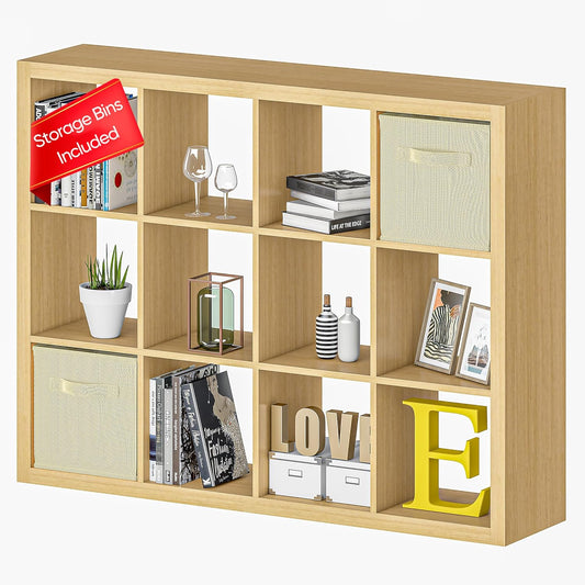 furtble Bookshelf with Storage Bins, 12-Cube Storage Organizer, Modern Wood Open Bookcase, Multifunctional Display Shelf for Living Room, Bedroom, Home Office, Oak