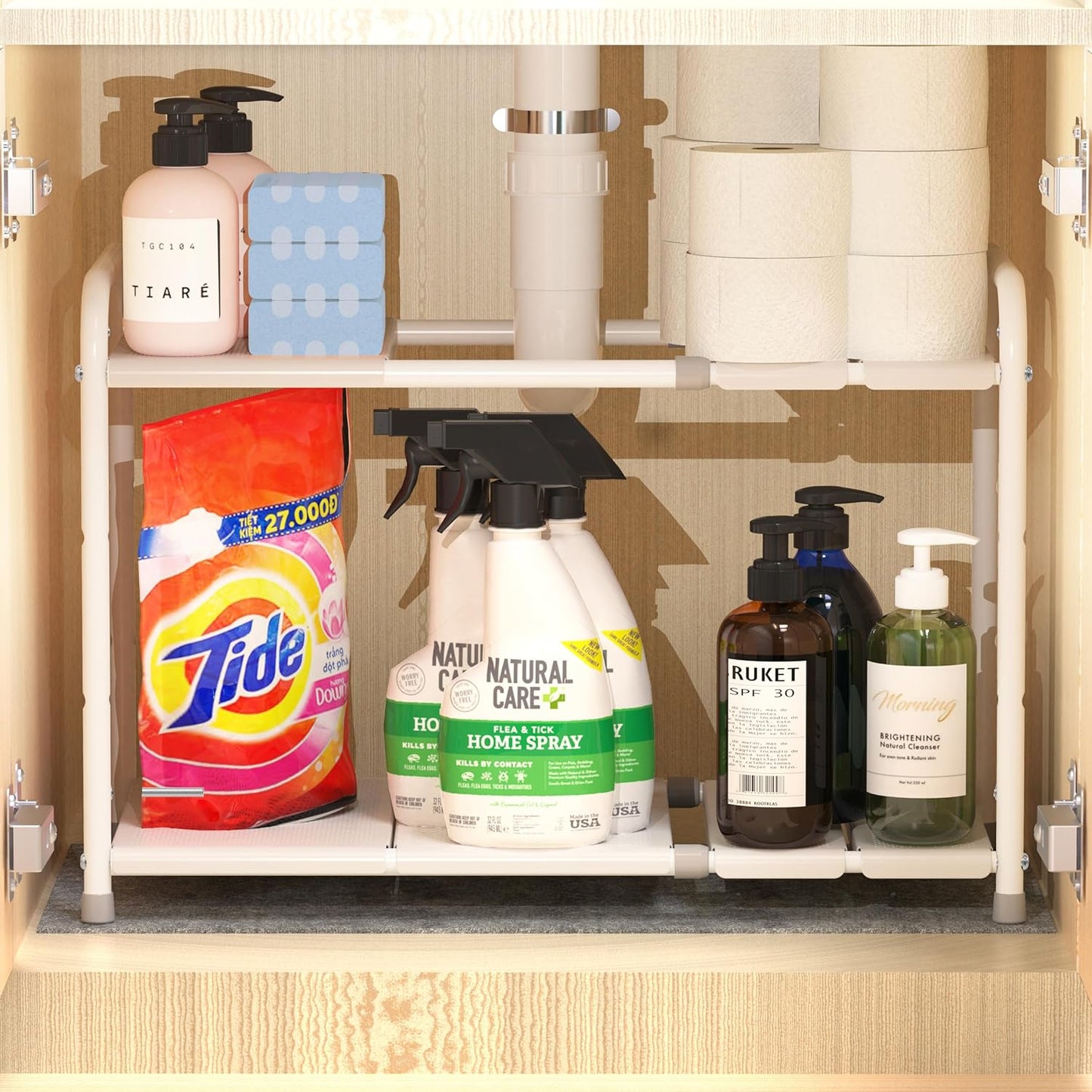 Simple Houseware Under Sink 2 Tier Expandable Heavy Duty Metal Shelf Organizer Rack, White (Expand from 15 to 25 inches)