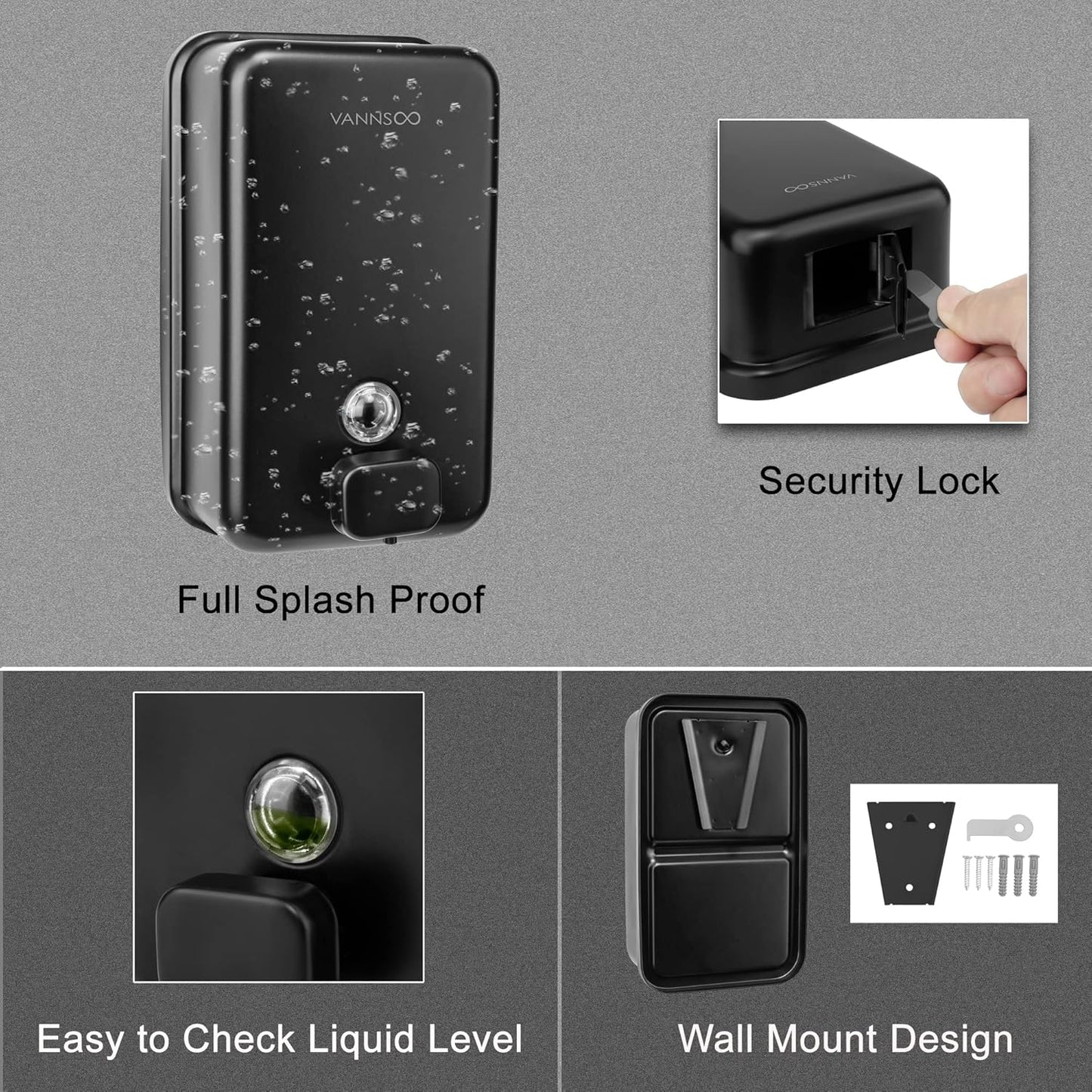 Wall Mounted Hand Soap Dispenser Bathroom, 1200ml 40oz Commercial Stainless Steel Black Liquid Soap Dispenser Wall Mount (Vertical Black)