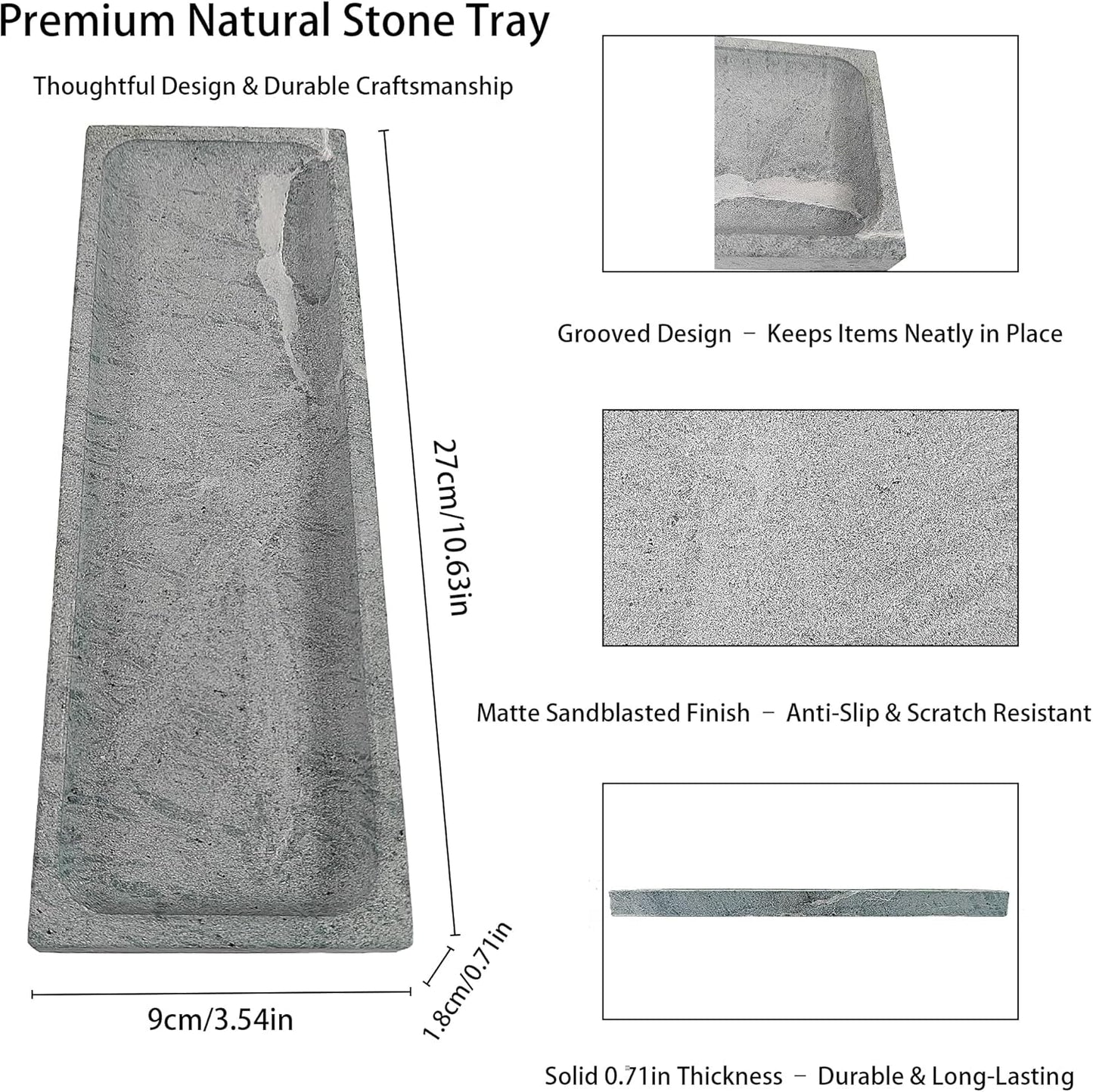 Green Marble Tray for Bathroom Countertop - Rectangular Natural Stone Organizer with Sandblasted Finish, Catchall Vanity Tray for Dresser, Entryway, Makeup & Jewelry | 10.6"x3.5"