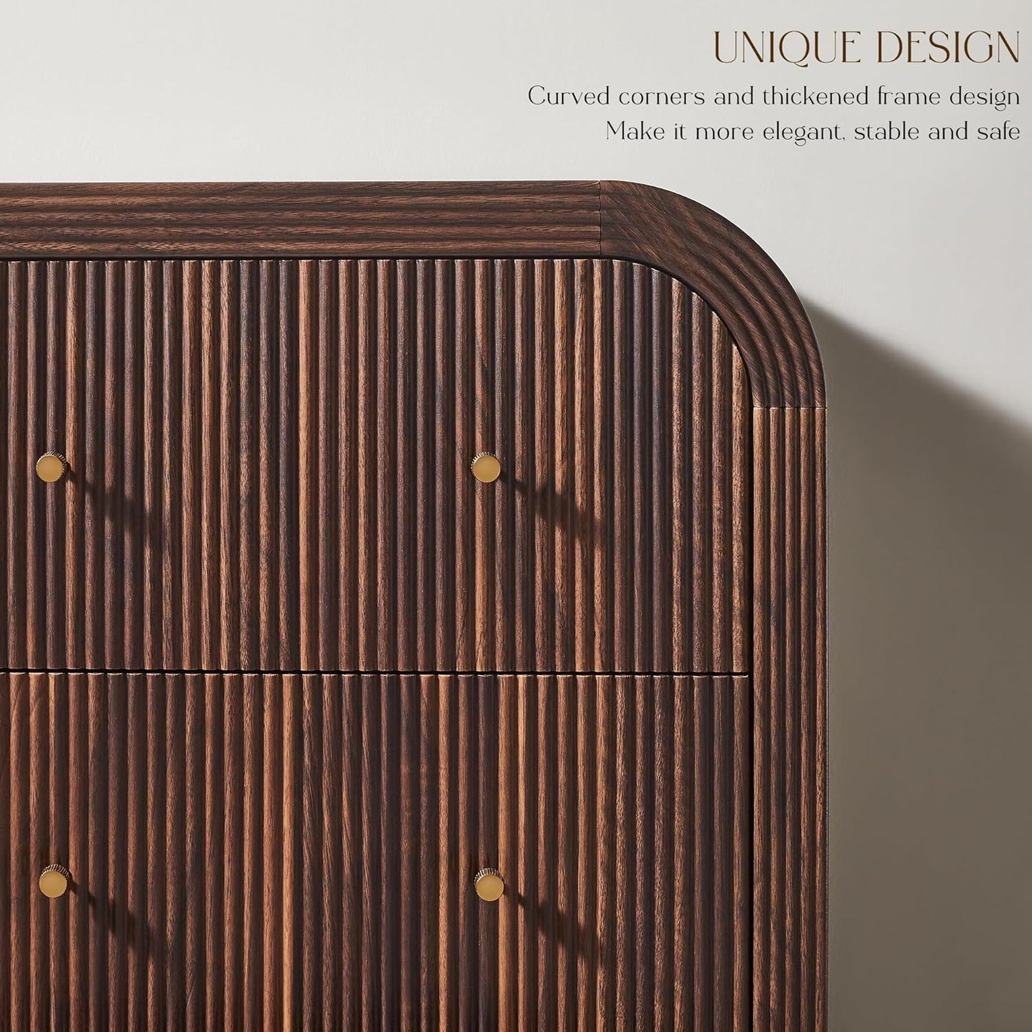 T4TREAM Fluted 5 Drawers Dresser, 48" Tall Modern Chest of Drawers with Thickened Curved Profile Design, Wood Closet Clothes Storage Organizer for Bedroom, Living Room, Hallway, Dark Walnut