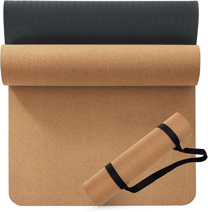 Premium Cork Yoga Mat 1/4 & 2/5 Inch Thick 72 x 26 in, Thick Cork and TPE Non Slip Yoga Mats for Women Men, Sweat Proof Eco-friendly, Great for Hot Yoga & Workouts