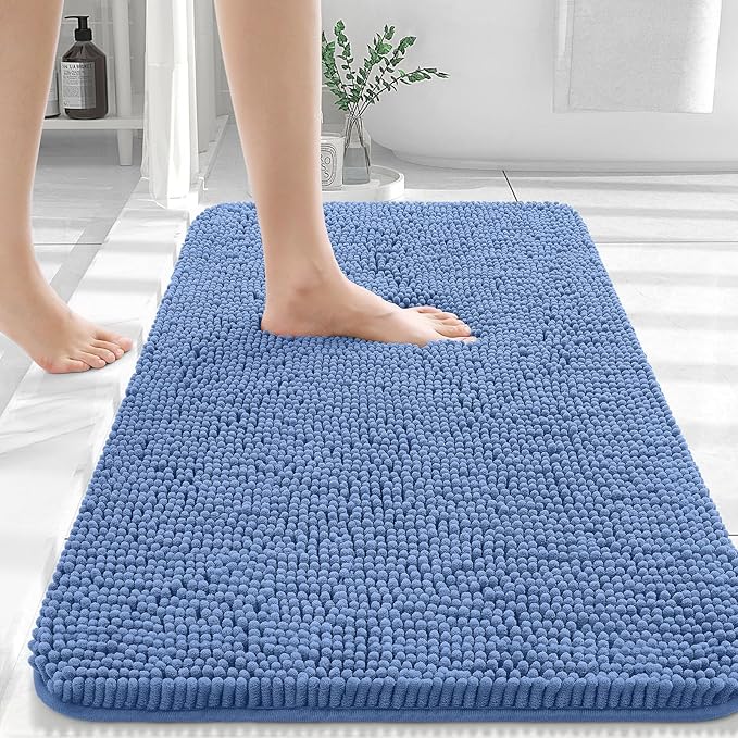 OLANLY Bathroom Rugs 36x24, Extra Soft Absorbent Chenille Bath Rugs, Rubber Backing Quick Dry, Machine Washable Bath Mats for Bathroom Floor, Tub and Shower, Home Decor Accessories, Cornflower Blue