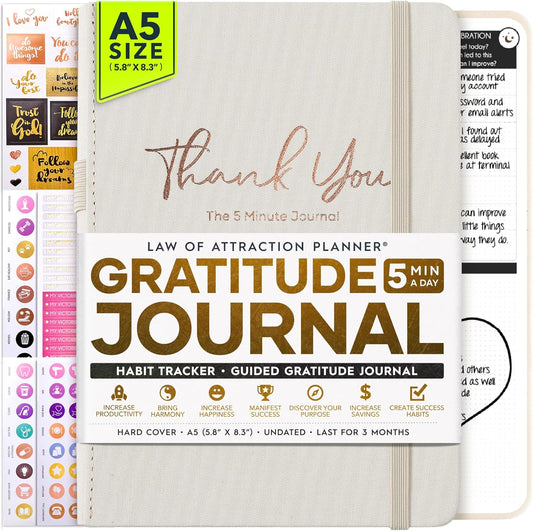 Gratitude Journal for Women & Men - 5 Minute Self Care Journal | 90-Day Undated Daily Planner for Positivity, Affirmations & Manifestation | Guided Mindfulness, Reflection | Vision Board + Stickers