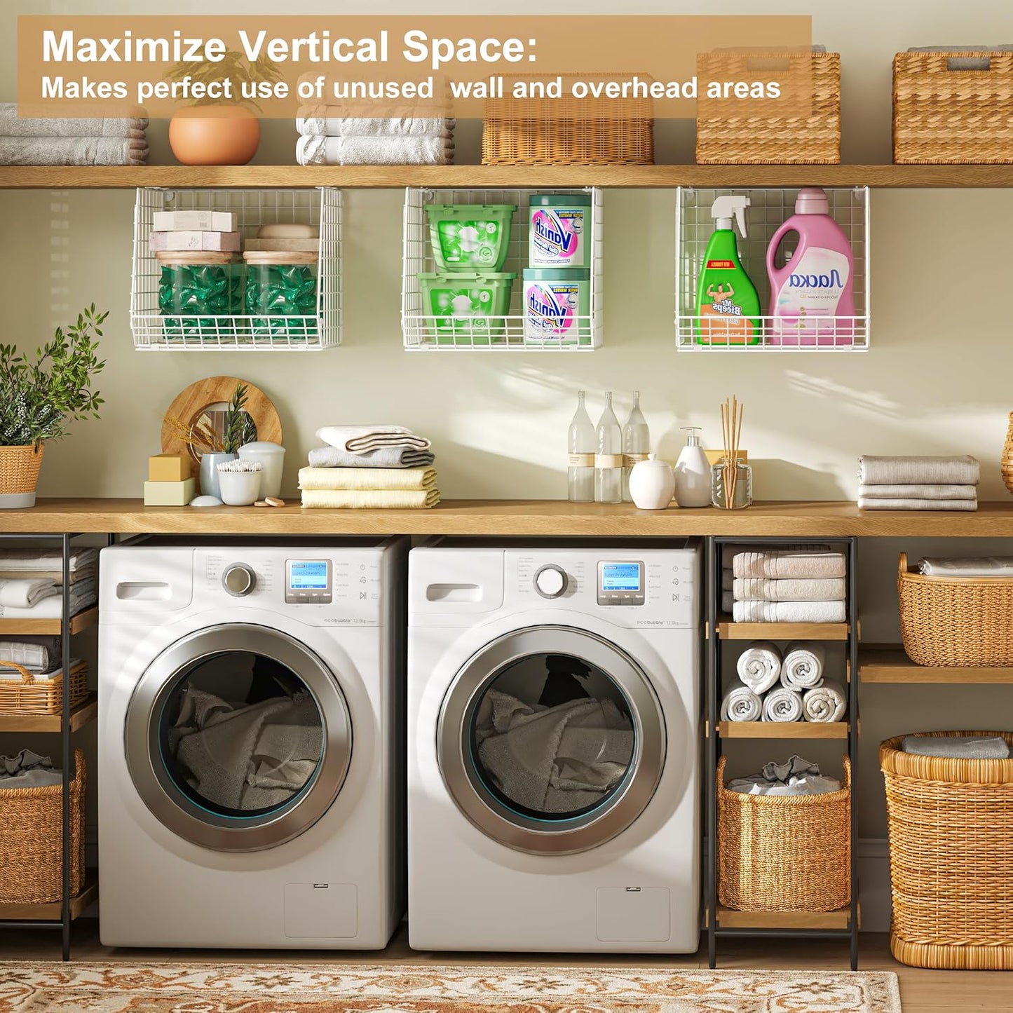 Sonyabecca 3 Pack Under Shelf Laundry Room Organizer: Foldable Wall Mounted Wire Basket Space Saving Over The Washer and Dryer Shelves - Laundry Organization and Storage, White Patent