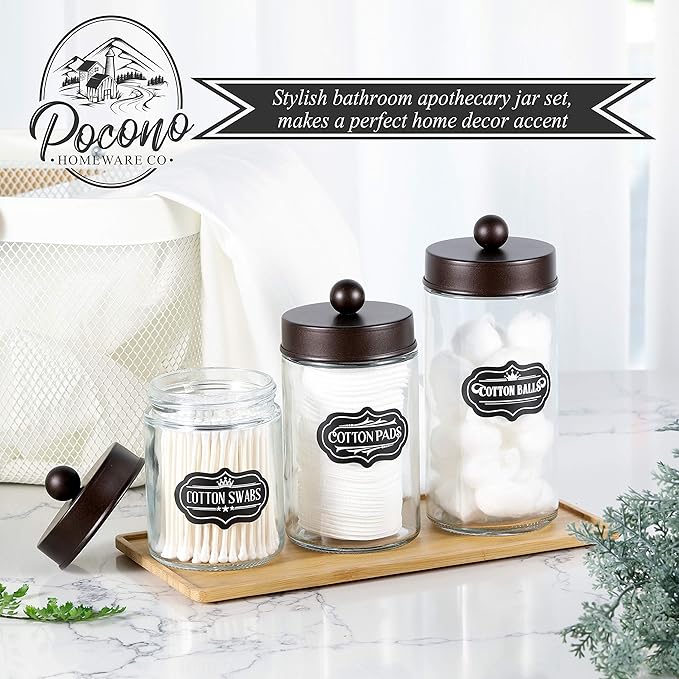 Apothecary Jars 3 Pack - Glass Bathroom Containers with Stainless Steel Lids - Rustic Farmhouse Decor Bathroom Accessories, Vanity Organizer Apothecary Jars for Qtip/Cotton Balls (Bronze)