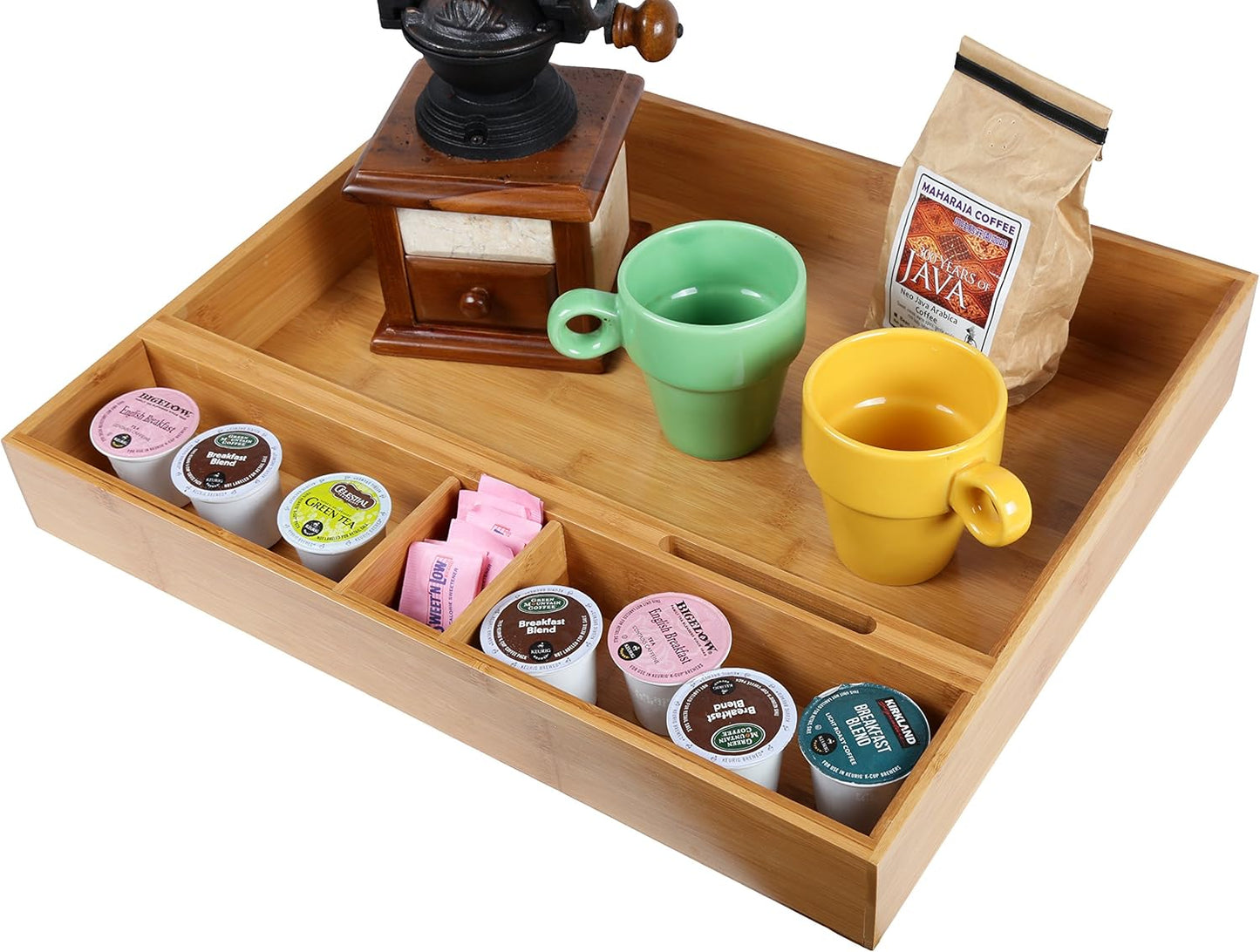 Natural Bamboo Coffee Station Organizer Tray – Multipurpose Storage for Coffee Accessories, Tea, and Condiments – Ideal for Kitchen Countertops, Restaurants & Buffet Stations (15” x 18.3”)