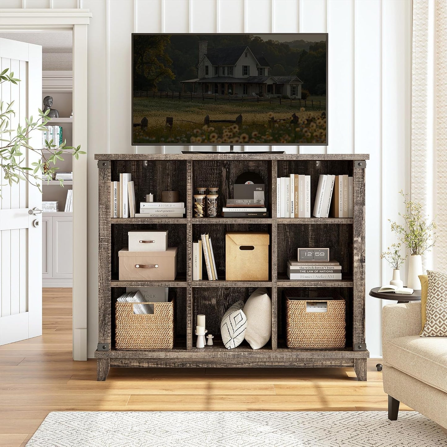 EnHomee 9 Cube Storage Organizer and Shelves, Cubby Storage Organizer, Bookshelves with Storage for Home and Bedroom, Black Oak