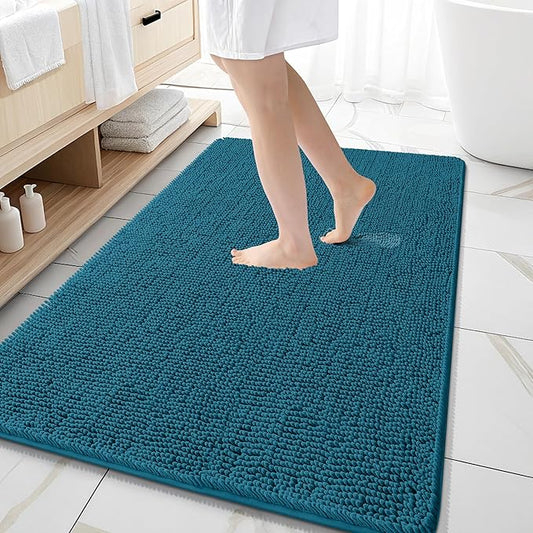 OLANLY Bathroom Rugs 59x35, Extra Soft Absorbent Chenille Bath Rugs, Rubber Backing Quick Dry, Machine Washable Bath Mats for Bathroom Floor, Tub and Shower, Home Decor Accessories, Peacock Blue