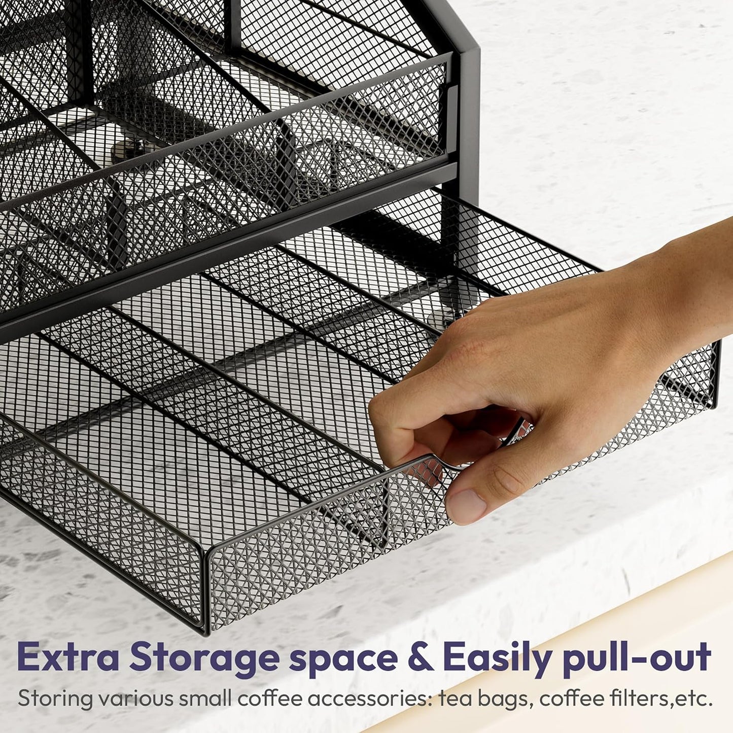 SWTYMIKI Coffee Bar Organizer for Countertop – Space-Saving Storage Rack with Drawer & Tiered Shelves, Coffee Station Organizer for Breakroom, Kitchen, Office, Cafe, Mesh Tea Condiment Storage