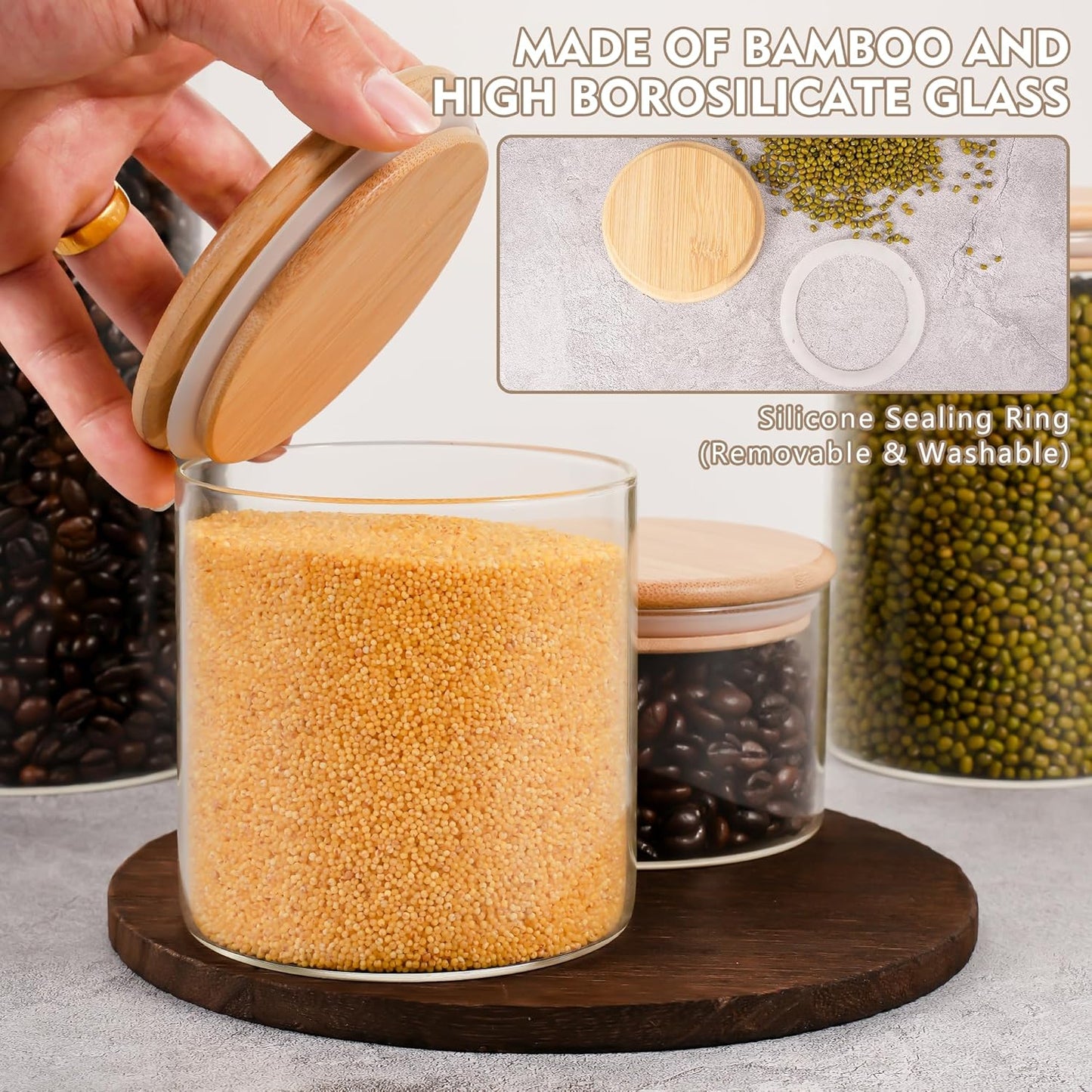 2PCS Glass Storage Jars with Airtight Lids,32 fl oz (950ml) Cute Clear Storage container with bamboo Lid,Glass Pantry Canister for Beans, Rice,Sugar,Cookie Coffee (N-Clear-2PCS-32FL OZ/950ML)