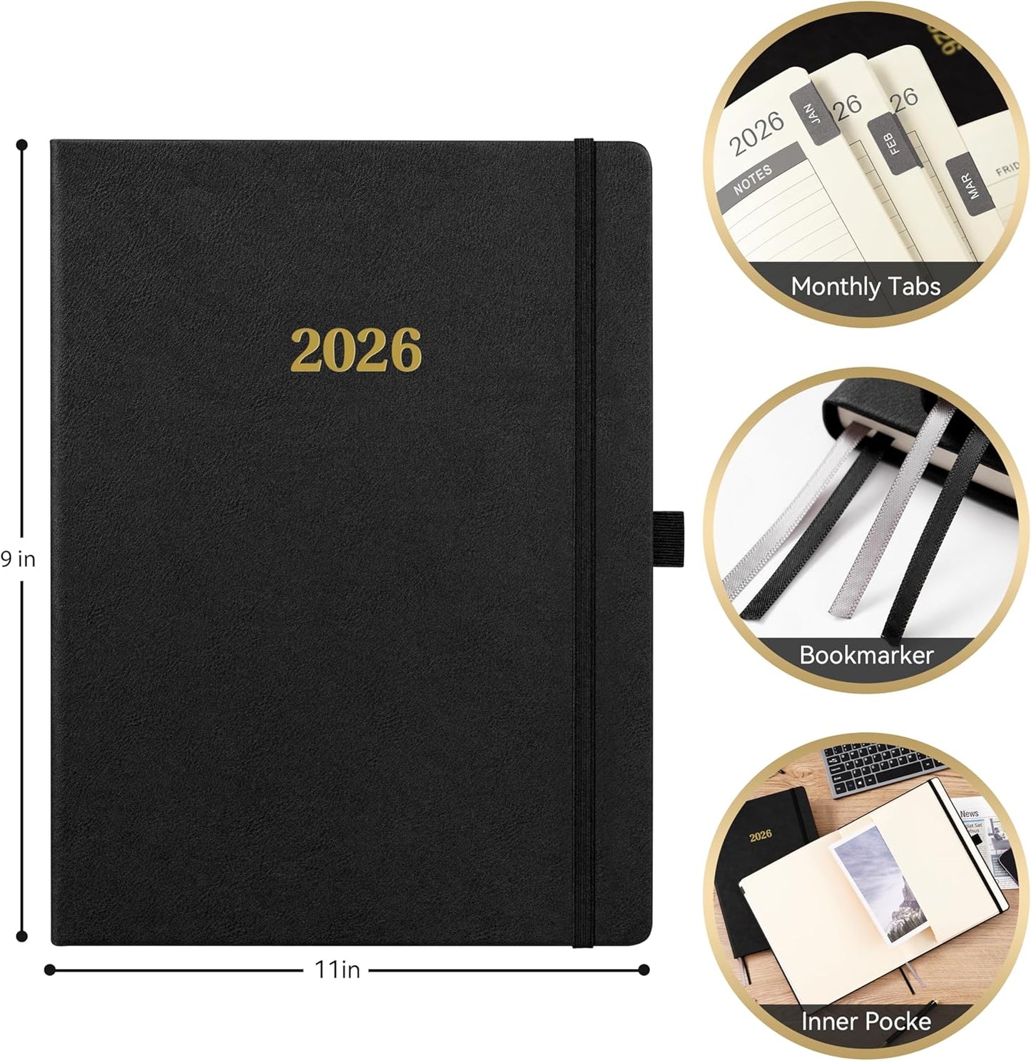 2026 Planner - Weekly and Monthly Planner 2026, Jan.2026 - Dec.2026, 9" x 11", 2026 Calendar Planner with Inner Pocket + Bookmarks+ Leather Hardcover, Black