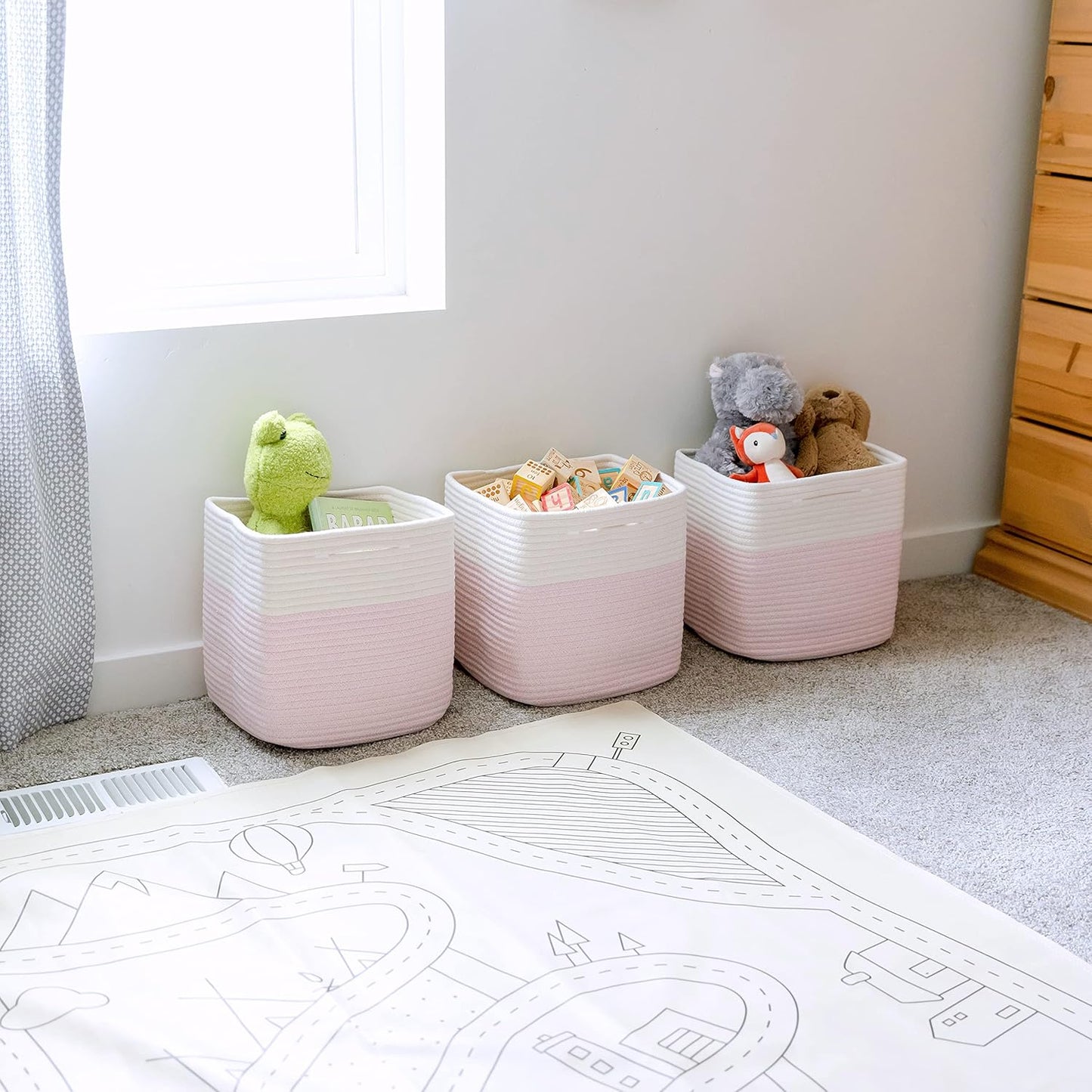 NaturalCozy 13 Inch Cube Storage Bins Cotton Rope Woven Baskets for Organizing 3-Pack | 13 x 13 Storage Cubes | Fabric Square Storage Baskets for Shelves Organizer, Kids Toy Bins, Closet Baby Nursery