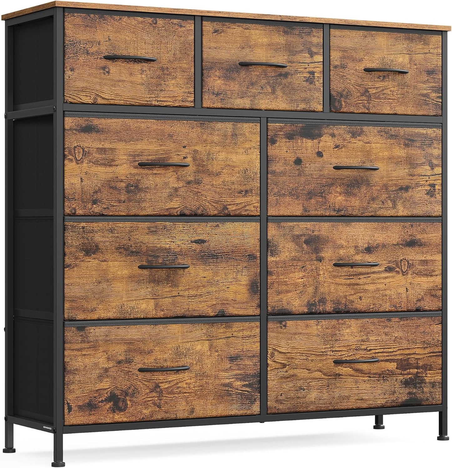SONGMICS Dresser for Bedroom, Chest of Drawers, Steel, MDF, 9 Non-Woven Fabric Drawers, Storage Organizer Unit, Closet, Entryway, Rustic Brown and Ink Black LGS324B02S