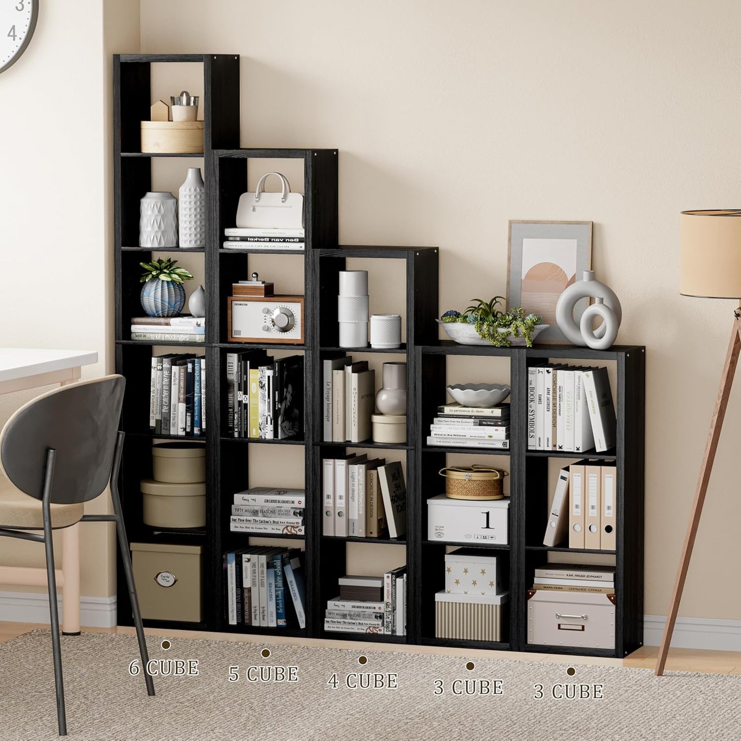 Tall Cube Storage Organizer Bookcase, 6 Tier 11 inch Open Back Cubical Shelf with Thickened Border, Display Bookshelf for Living Room, Home Office, Sturdy Room (Black, 6 Cube,Vertical)