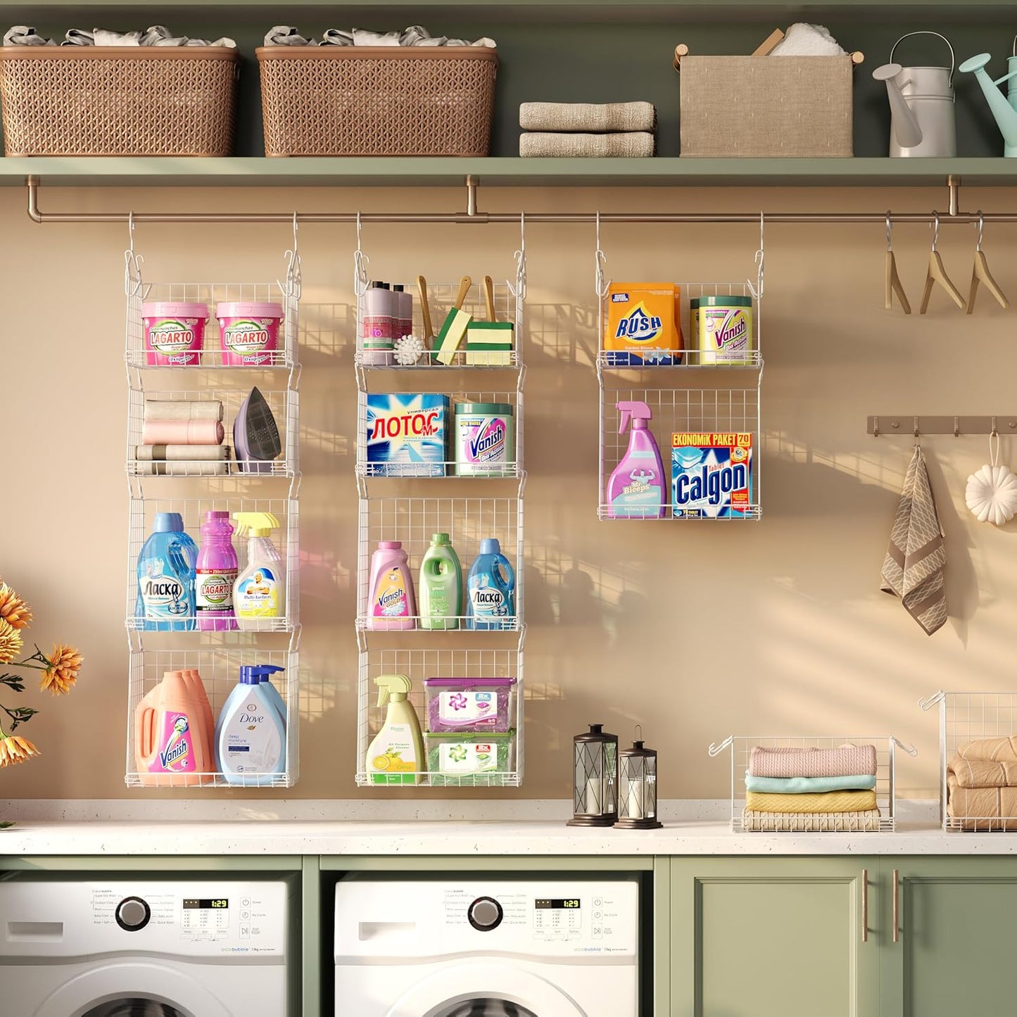 4-Tier Hanging Laundry Room Organizer: Foldable Wire Shelf Basket with 2 Large Hooks 1.65" & 360°Rotating Hooks – Space-Saving Laundry Storage Basket, for Wardrobe Closet Storage, White Patent