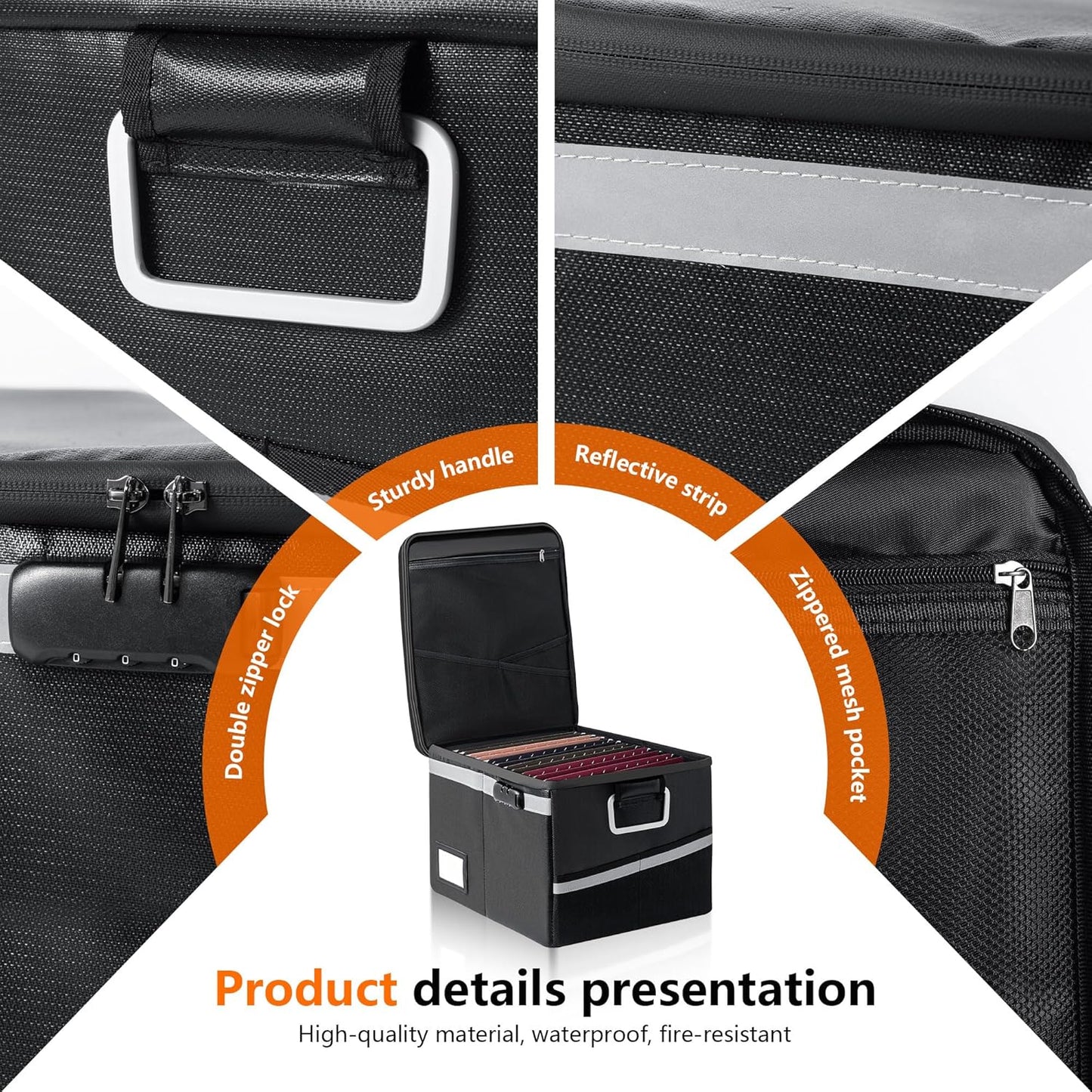 Fireproof Document Box,Portable File Organizer with Lock,Water-Resistant Document Organizer Collapsible File Cabinets for Home Office Safe Storage Box for Hanging Letter/Legal Folders-Orange