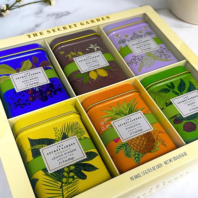 Organic Tea Sampler Gift Set 90 Bags in 6 Designer Tins Premium Assorted Flavors: Acai Berry, Earl Grey, Sleep Herbal, Lemon Ginger, Pineapple, Green Tea