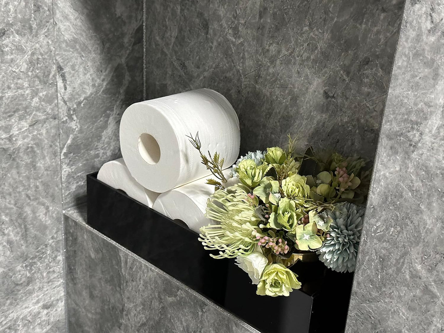 IEEK Toilet Paper Holder with Storage Acrylic Basket, Modern Tank Tray with Non-Slip Mat, Black Decor for Bathroom, Vanity, Bedroom, Entryway, Living Room