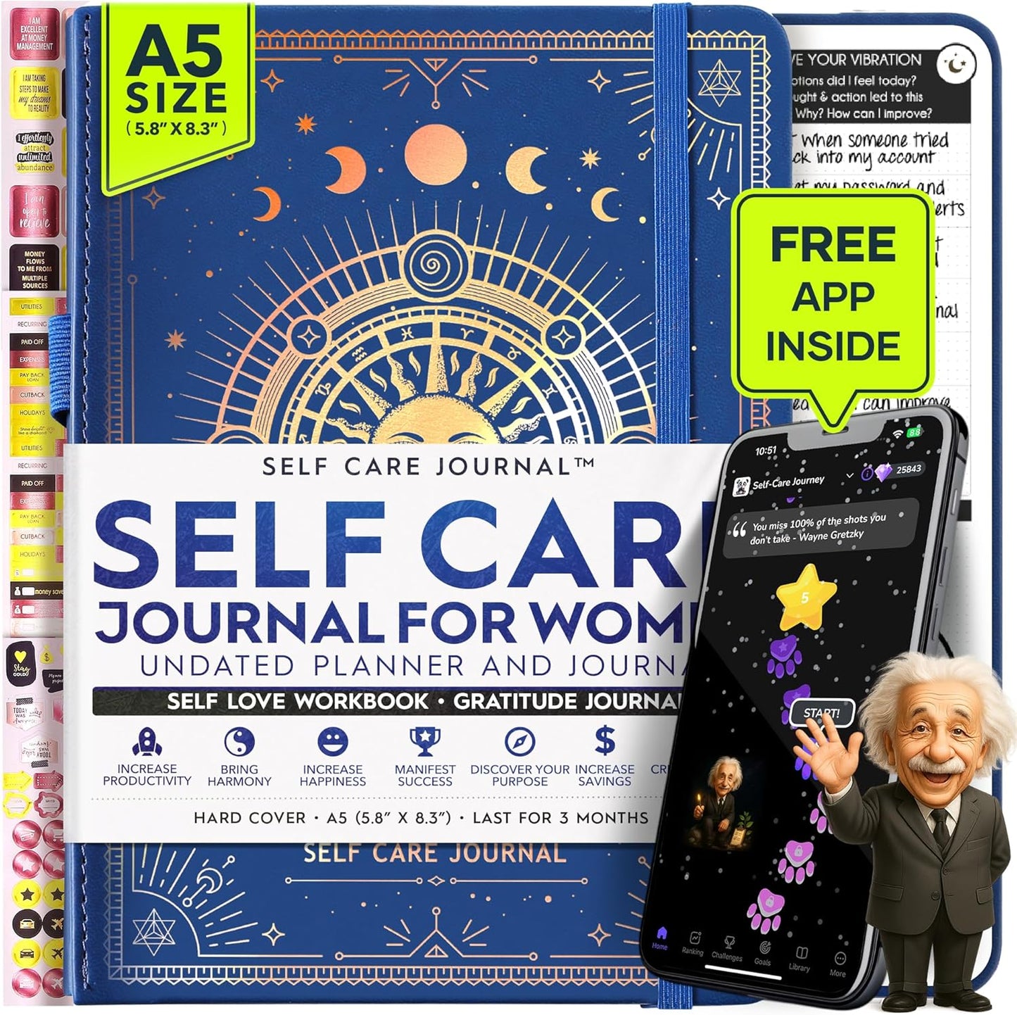 Self Care Journal - 5 Minute Mental Health & Manifestation Journal | 90-Day Undated Daily Planner for Positivity, Affirmations & Gratitude | Guided Mindfulness, Reflection | Vision Board + Stickers
