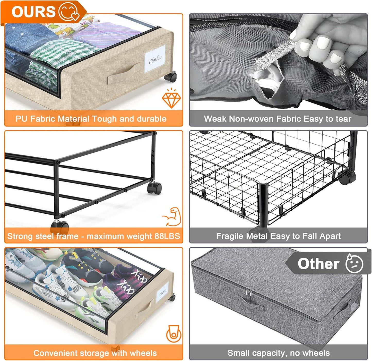 Under Bed Storage with Wheels,4 Pack Under Bed Storage Containers with Dividers & Clear Lids,65L Under the bed storage Organizer Bins, Underbed Storage with Wheels for Clothes (White)