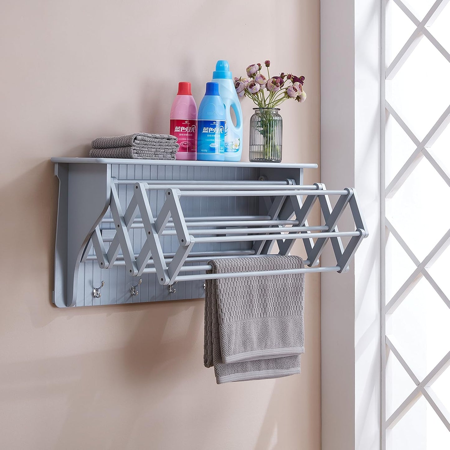 Danya B Accordion Clothes Drying Rack, Retractable, Wall Mounted Towel Rack and Hooks for Clothes and Towels for use in Laundry Room or Garage (Gray)