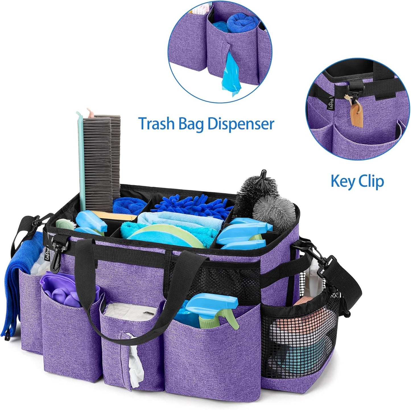 LoDrid Wearable Cleaning Caddy Bag with 4 Foldable Dividers, Cleaning Supply Tote for Cleaning Supplies, Cleaning Organizer with Shoulder Strap and Side Handles for Cleaners & Housekeepers, Purple