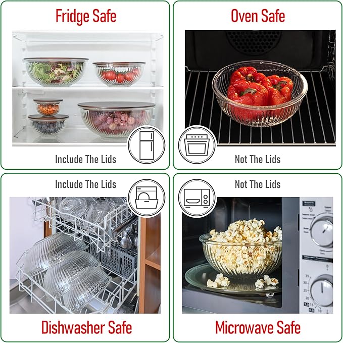 Stackable Space-Saving Set of 5 Nesting Glass Bowls with Acacia Lids for Foodprep, Storage, Mixing & Cooking - Microwave & Oven-ready BPA Free Durable Heat Resistant Inert Borosilicate Glass