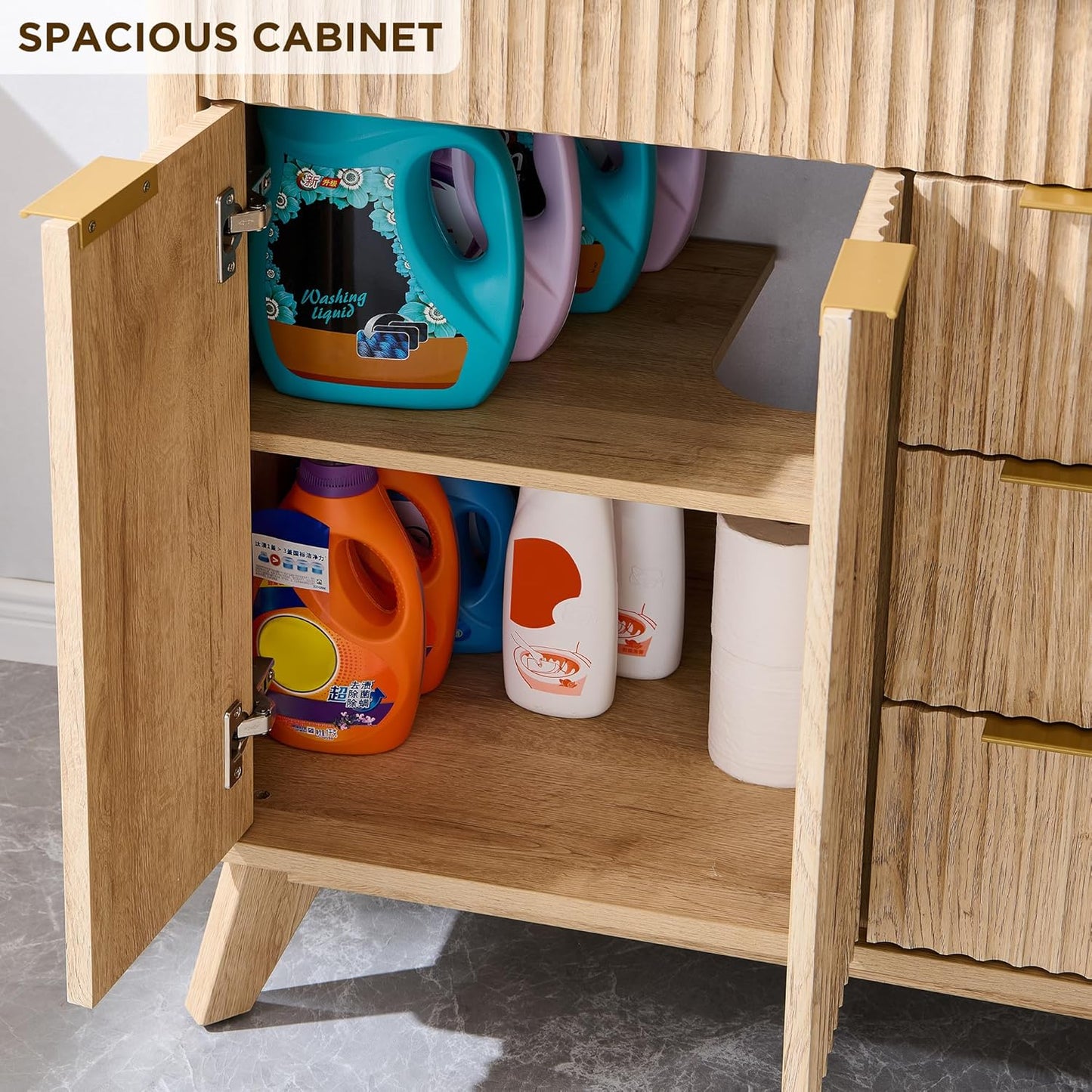 T4TREAM 30" Fluted Bathroom Vanity with Ceramic Sink Combo，Freestanding Modern Bathroom Storage Vanity Cabinet with 2 Soft Closing Doors & 3 Drawers，Wood Grain Texture，Metal Handle，Natural Oak