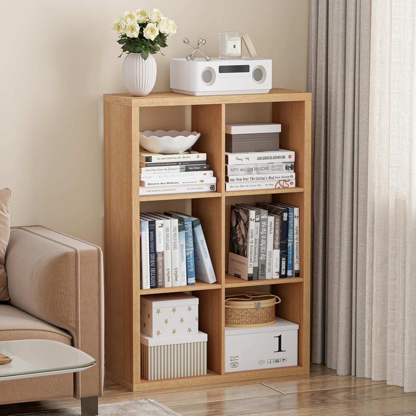 Cube Storage Organizer Bookcase, Decorative 11 inch Open Back Cubical Shelf with Thickened Border, Display Bookshelf for Living Room, Home Office, Sturdy Room (Natural Oak, 6 Cube)