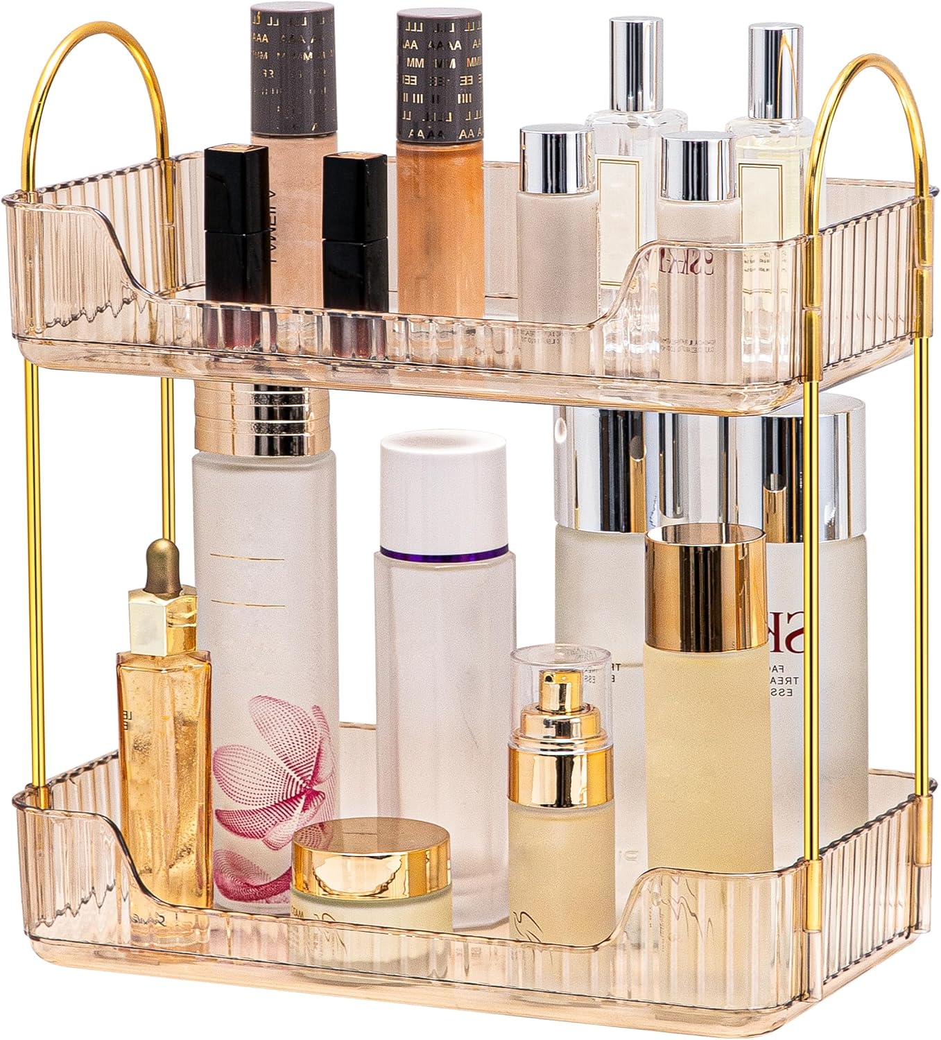 2 Tier Bathroom Organizer Countertop Makeup Perfume Tray Skincare Organizer for Bathroom Dresser Vanity (Gold)