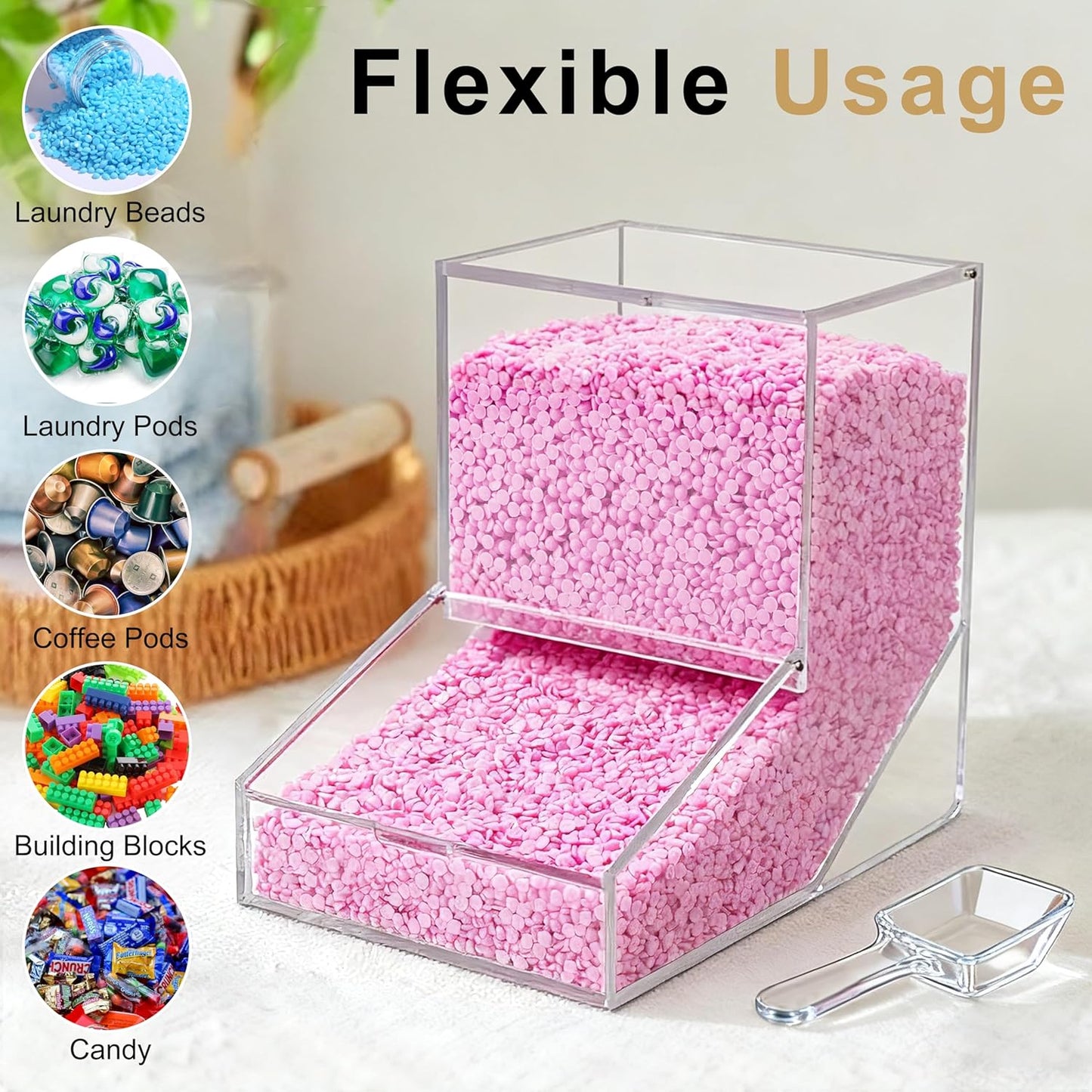 Laundry Detergent Container with 1 Spoon, Laundry Detergent Dispenser with 2 Lids, Acrylic Storage Containers for Laundry Room Organization, Suitable for Stain Remover Powder, Beads, White, 1 Pack