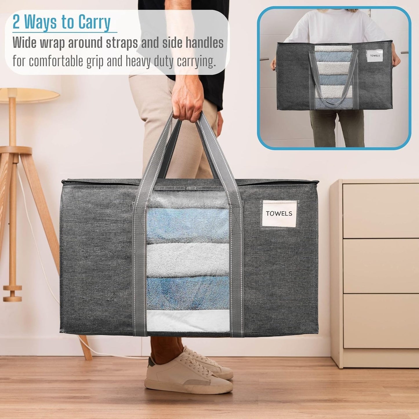 VENO 6 Pack Moving Bags, Moving Supplies, Moving Boxes, College Packing Storage Boxes with Lids Alternative, Heavy Duty Totes, Extra Large, Sturdy Handles, Zipper (Dark Gray with Window, 6 Pack)