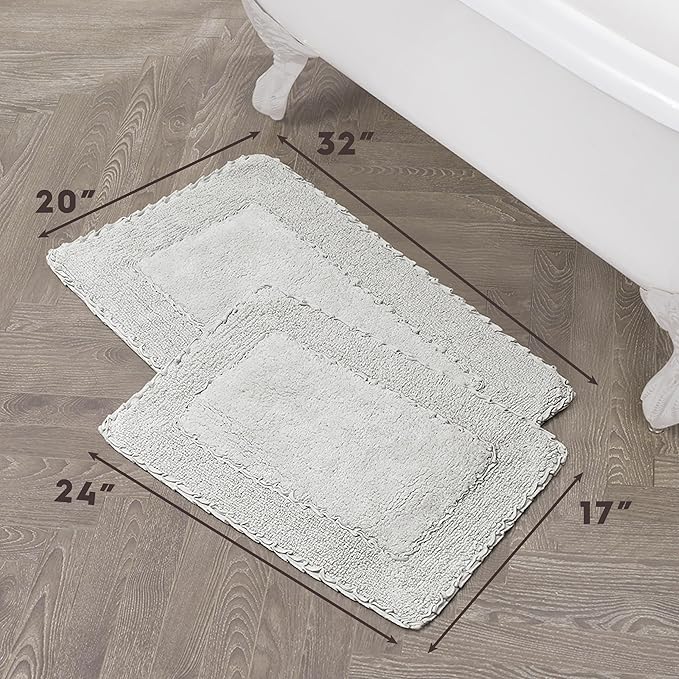 Laura Ashley Ruffle Border 100% Cotton Bath Rug Set, Light Grey, 17" x 24"/ 20" x 32"