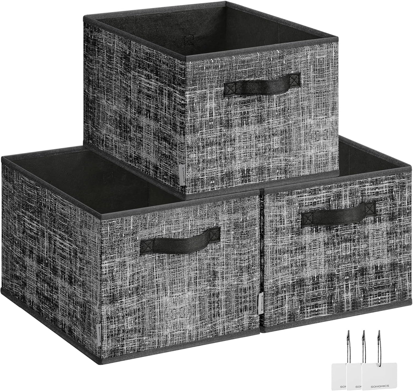 SONGMICS Storage Cubes, 15.7 x 11.8 x 9.5 Inches Non-Woven Fabric Bins with Double Handles, Set of 3, Closet Organizers for Shelves, Foldable, for Clothes, Ink Black UROB440B01