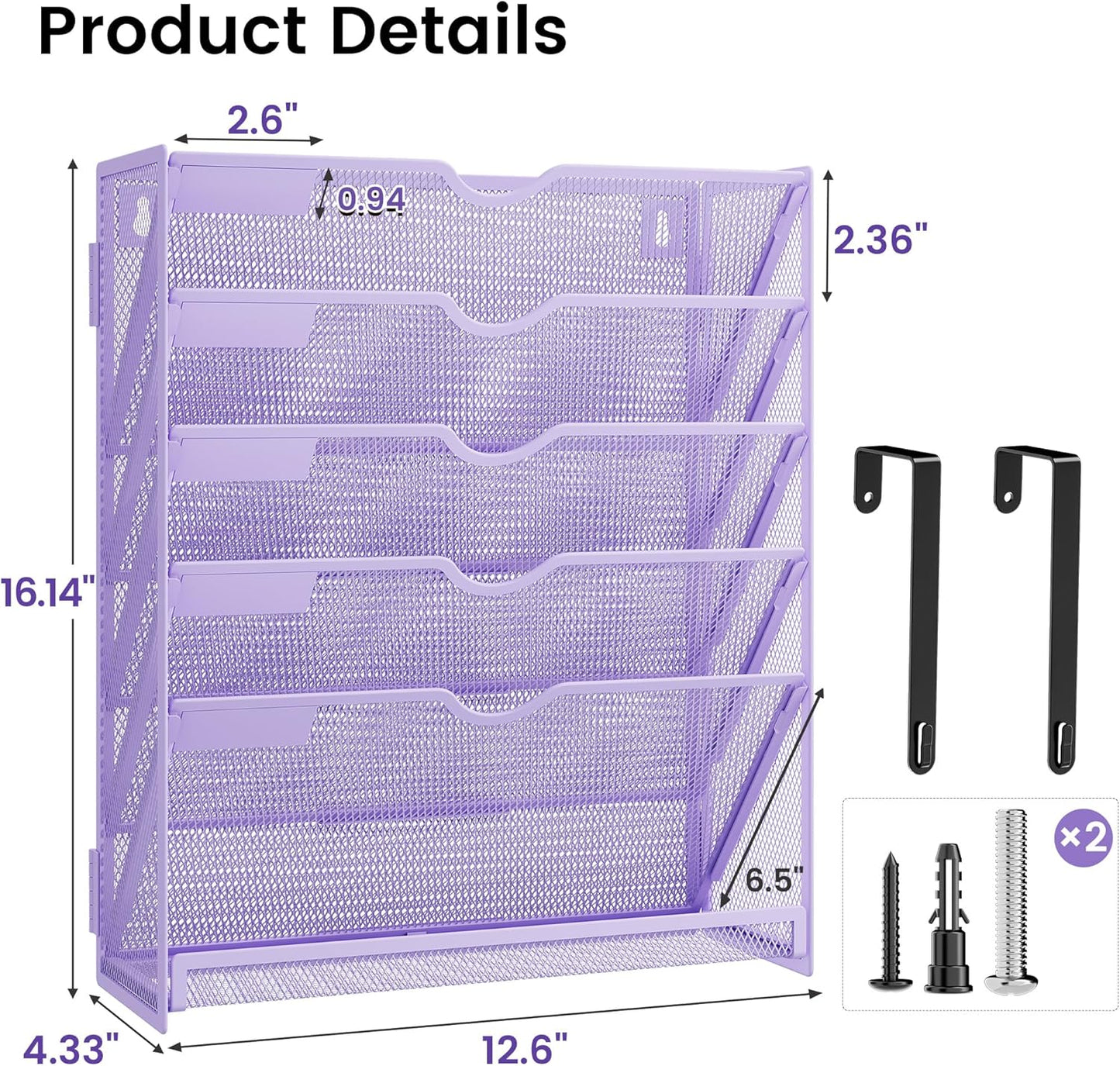 Hanging Wall File Organizer for Wall Mounted Mail Paper Folder Holder Document Organization Stand Desk File Organizer Tray for Office & Home Cubicle Countertop 6 Tier Purple