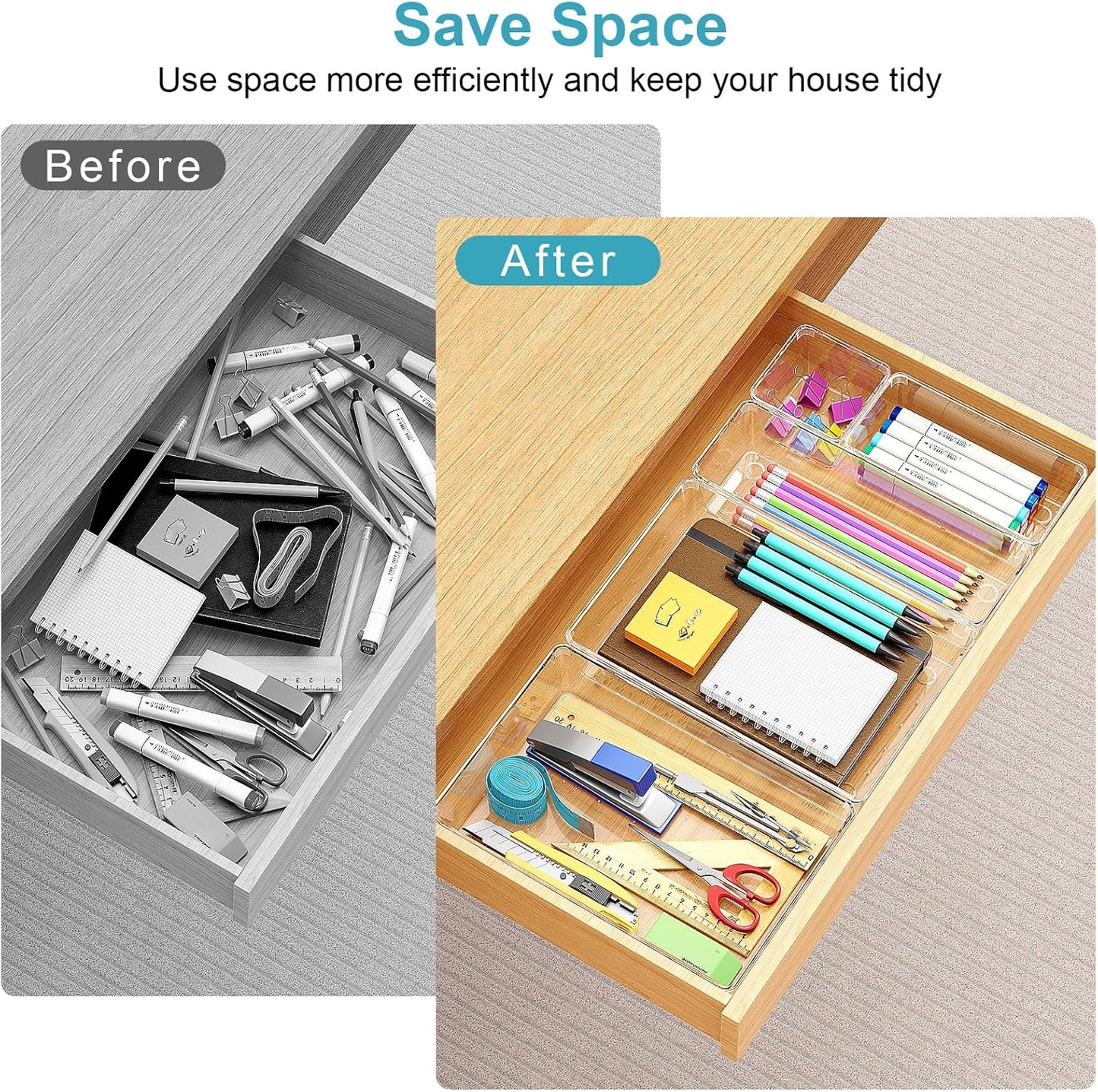 Drawer Organizers Set of 65, 4 Sizes Clear Plastic Drawer Organizers and Storage Bins for Kitchen, Bathroom, Office, Dresser Desk Drawer Organizer Tray for Jewelry, Makeup, Junk, Gadgets